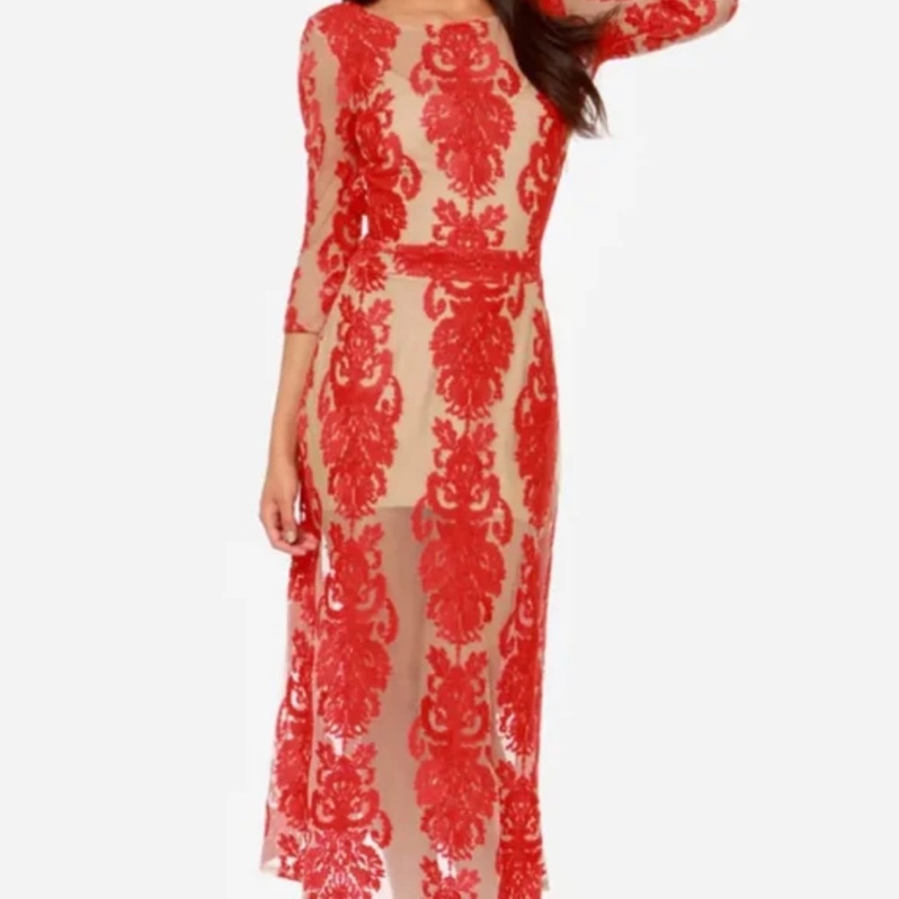 For Love & Lemons San Marcos EmbroideredRed Open Back Lace Maxi, Size Small